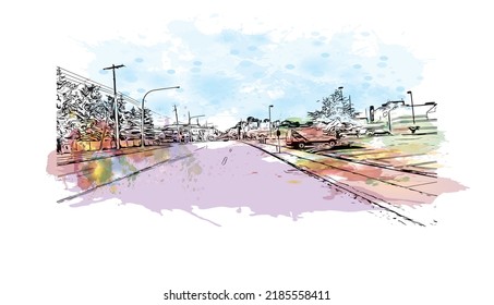 Building view with landmark of Niagara Falls is the 
city in Canada. Watercolor splash with hand drawn sketch illustration in vector. 