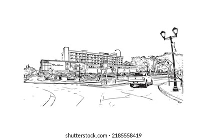 La vista de edificio con el punto de referencia de las Cataratas del Niágara es la 
ciudad de Canadá. Dibujo a mano de ilustración de esbozo en vector. 