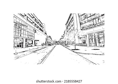 Building view with landmark of Niagara Falls is the 
city in Canada. Hand drawn sketch illustration in vector. 