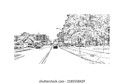 La vista de edificio con el punto de referencia de las Cataratas del Niágara es la 
ciudad de Canadá. Dibujo a mano de ilustración de esbozo en vector. 