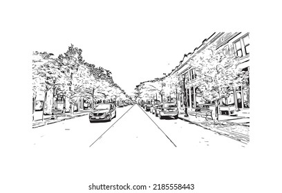 Building view with landmark of Niagara Falls is the 
city in Canada. Hand drawn sketch illustration in vector. 