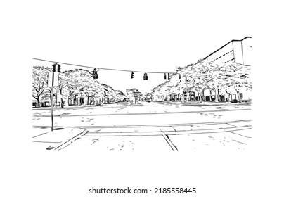 Building view with landmark of Niagara Falls is the 
city in Canada. Hand drawn sketch illustration in vector. 