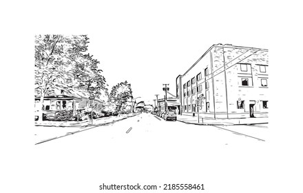 Building view with landmark of Niagara Falls is the 
city in Canada. Hand drawn sketch illustration in vector. 