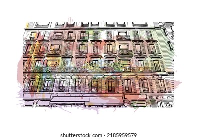 Las vistas al edificio con un punto de referencia de Niza son 
ciudad de Francia. Salto de color de agua con ilustración de esbozo dibujada a mano en vector.