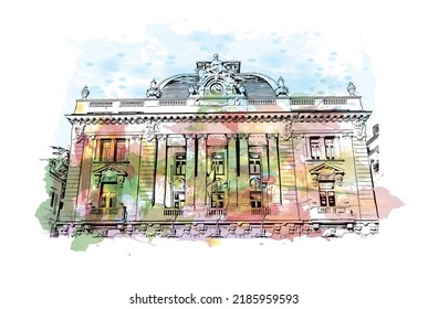 Building view with landmark of Nice is the 
city in France. Watercolor splash with hand drawn sketch illustration in vector.