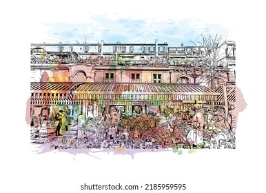 Las vistas al edificio con un punto de referencia de Niza son 
ciudad de Francia. Salto de color de agua con ilustración de esbozo dibujada a mano en vector.