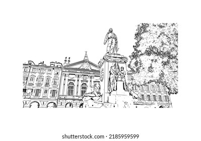Las vistas al edificio con un punto de referencia de Niza son 
ciudad de Francia. Dibujo a mano de ilustración de esbozo en vector.