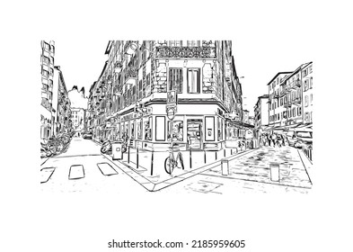 Building view with landmark of Nice is the 
city in France. Hand drawn sketch illustration in vector.