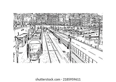 Building view with landmark of Nice is the 
city in France. Hand drawn sketch illustration in vector.