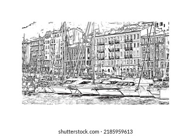 Building view with landmark of Nice is the 
city in France. Hand drawn sketch illustration in vector.