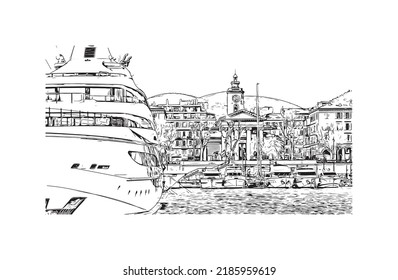Building view with landmark of Nice is the 
city in France. Hand drawn sketch illustration in vector.