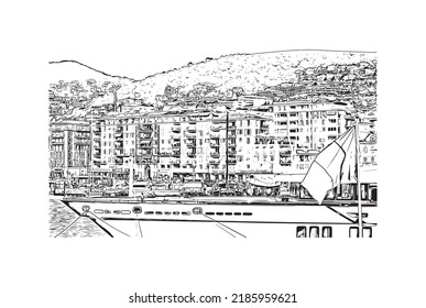 Building view with landmark of Nice is the 
city in France. Hand drawn sketch illustration in vector.