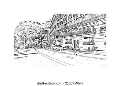 Building view with landmark of Nice is the 
city in France. Hand drawn sketch illustration in vector.