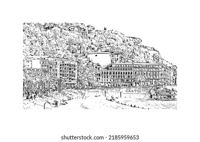 Building view with landmark of Nice is the 
city in France. Hand drawn sketch illustration in vector.