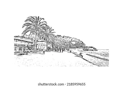 Las vistas al edificio con un punto de referencia de Niza son 
ciudad de Francia. Dibujo a mano de ilustración de esbozo en vector.