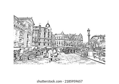 Building view with landmark of Nice is the 
city in France. Hand drawn sketch illustration in vector.