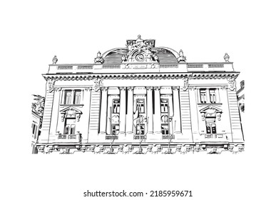 Las vistas al edificio con un punto de referencia de Niza son 
ciudad de Francia. Dibujo a mano de ilustración de esbozo en vector.