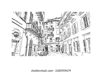 Las vistas al edificio con un punto de referencia de Niza son 
ciudad de Francia. Dibujo a mano de ilustración de esbozo en vector.