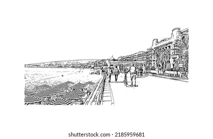Building view with landmark of Nice is the 
city in France. Hand drawn sketch illustration in vector.