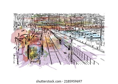Las vistas al edificio con un punto de referencia de Niza son 
ciudad de Francia. Salto de color de agua con ilustración de esbozo dibujada a mano en vector.