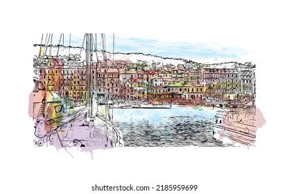 Building view with landmark of Nice is the 
city in France. Watercolor splash with hand drawn sketch illustration in vector.