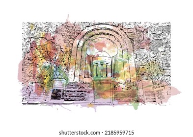 Building view with landmark of Nice is the 
city in France. Watercolor splash with hand drawn sketch illustration in vector.