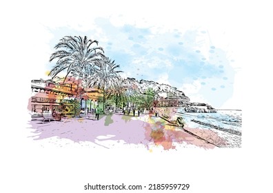 Building view with landmark of Nice is the 
city in France. Watercolor splash with hand drawn sketch illustration in vector.