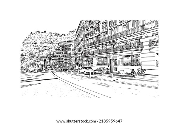 Building view with\
landmark of Nice is the \
city in France. Hand drawn sketch\
illustration in\
vector.