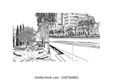 Building view with landmark of Nicosia is the 
capital of Cyprus. Hand drawn sketch illustration in vector.