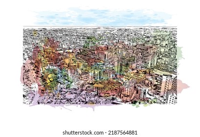 Building view with landmark of Nicosia is the 
capital of Cyprus. Hand drawn sketch illustration in vector.