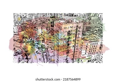 Building view with landmark of Nicosia is the 
capital of Cyprus. Hand drawn sketch illustration in vector.