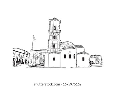 Building view with landmark of Nicosia, also known as Lefkosia, is the divided capital city of Cyprus. Hand drawn sketch illustration in vector. 