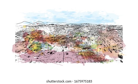Building view with landmark of Nicosia, also known as Lefkosia, is the divided capital city of Cyprus. Watercolor splash with Hand drawn sketch illustration in vector. 