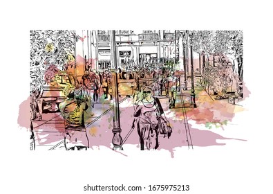 Building view with landmark of Nicosia, also known as Lefkosia, is the divided capital city of Cyprus. Watercolor splash with Hand drawn sketch illustration in vector. 