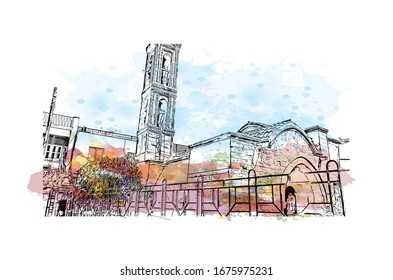 Building view with landmark of Nicosia, also known as Lefkosia, is the divided capital city of Cyprus. Watercolor splash with Hand drawn sketch illustration in vector. 
