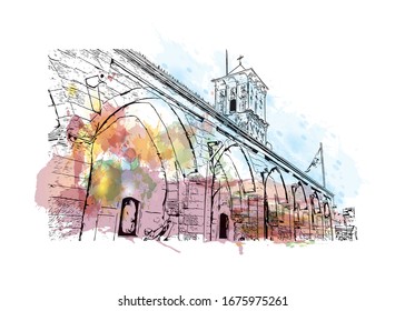 Building view with landmark of Nicosia, also known as Lefkosia, is the divided capital city of Cyprus. Watercolor splash with Hand drawn sketch illustration in vector. 