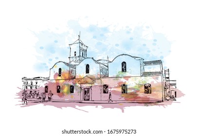 Building view with landmark of Nicosia, also known as Lefkosia, is the divided capital city of Cyprus. Watercolor splash with Hand drawn sketch illustration in vector. 