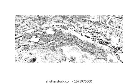 Building view with landmark of Nicosia, also known as Lefkosia, is the divided capital city of Cyprus. Hand drawn sketch illustration in vector. 