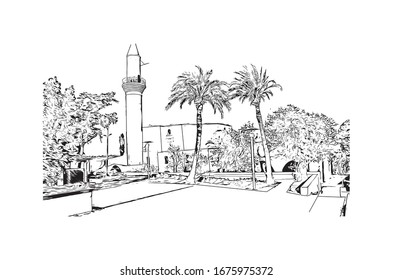 Building view with landmark of Nicosia, also known as Lefkosia, is the divided capital city of Cyprus. Hand drawn sketch illustration in vector. 
