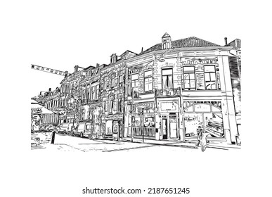 Building view with landmark of Nijmegen is the 
municipality in Netherlands. Hand drawn sketch illustration in vector.