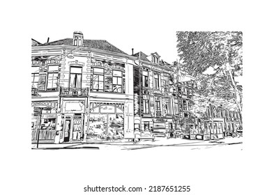 Building view with landmark of Nijmegen is the 
municipality in Netherlands. Hand drawn sketch illustration in vector.