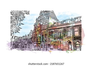 Building view with landmark of Nijmegen is the 
municipality in Netherlands. Watercolor splash with hand drawn sketch illustration in vector.