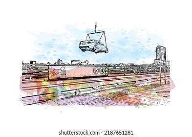 Building view with landmark of Nijmegen is the 
municipality in Netherlands. Watercolor splash with hand drawn sketch illustration in vector.