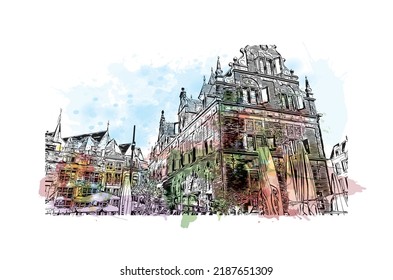 Building view with landmark of Nijmegen is the 
municipality in Netherlands. Watercolor splash with hand drawn sketch illustration in vector.