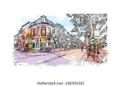 Building view with landmark of Nijmegen is the 
municipality in Netherlands. Watercolor splash with hand drawn sketch illustration in vector.