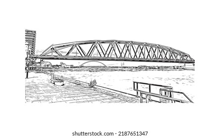 Building view with landmark of Nijmegen is the 
municipality in Netherlands. Hand drawn sketch illustration in vector.