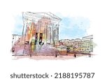Building view with landmark of Nimes is the 
commune in France. Watercolor splash with hand drawn sketch illustration in vector.