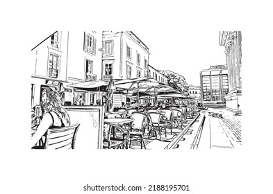 La vista de construcción con el punto de referencia de Nimes es la 
comuna en Francia. Dibujo a mano de ilustración de esbozo en vector.