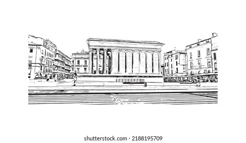 Building view with landmark of Nimes is the 
commune in France. Hand drawn sketch illustration in vector.