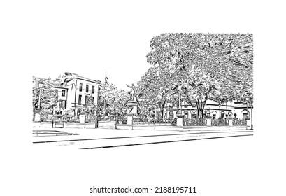 Building view with landmark of Nimes is the 
commune in France. Hand drawn sketch illustration in vector.